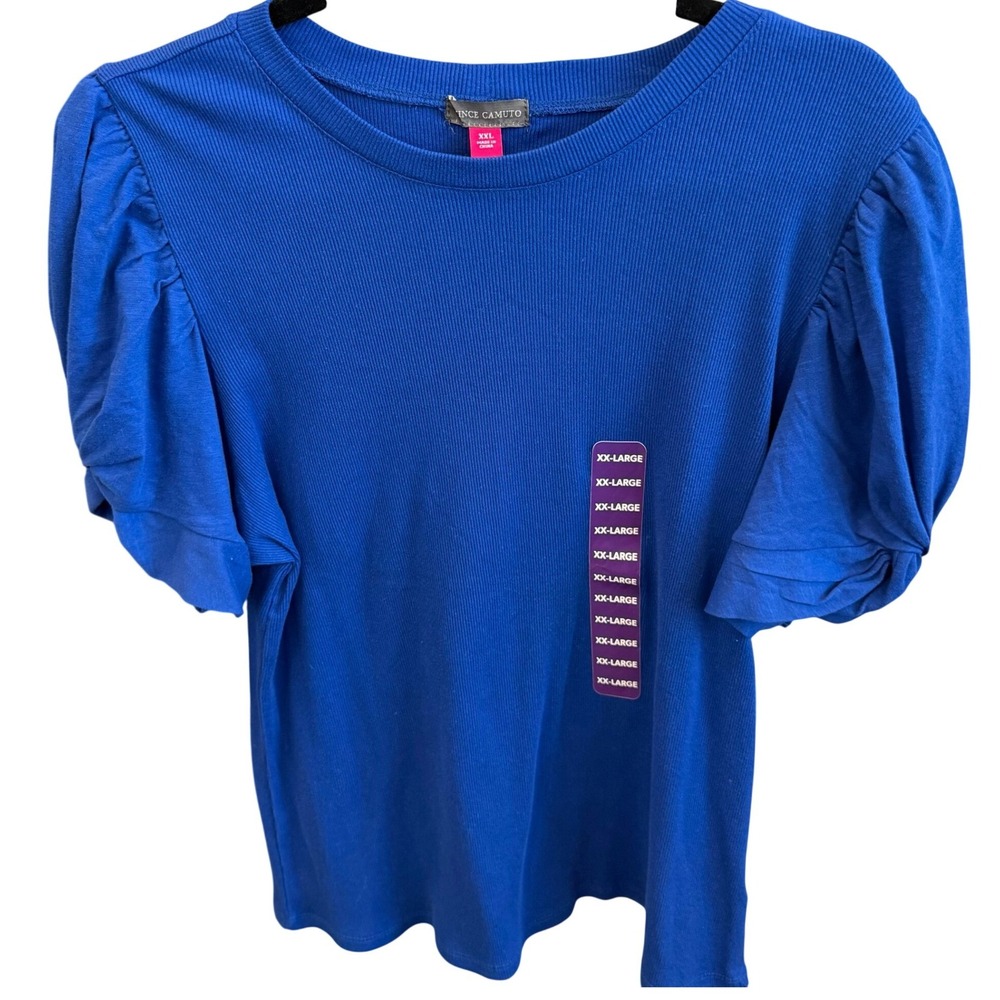 Vince Camuto Ribbed Top Womens Blue Puff Sleeve Crew Neck Modern XXL